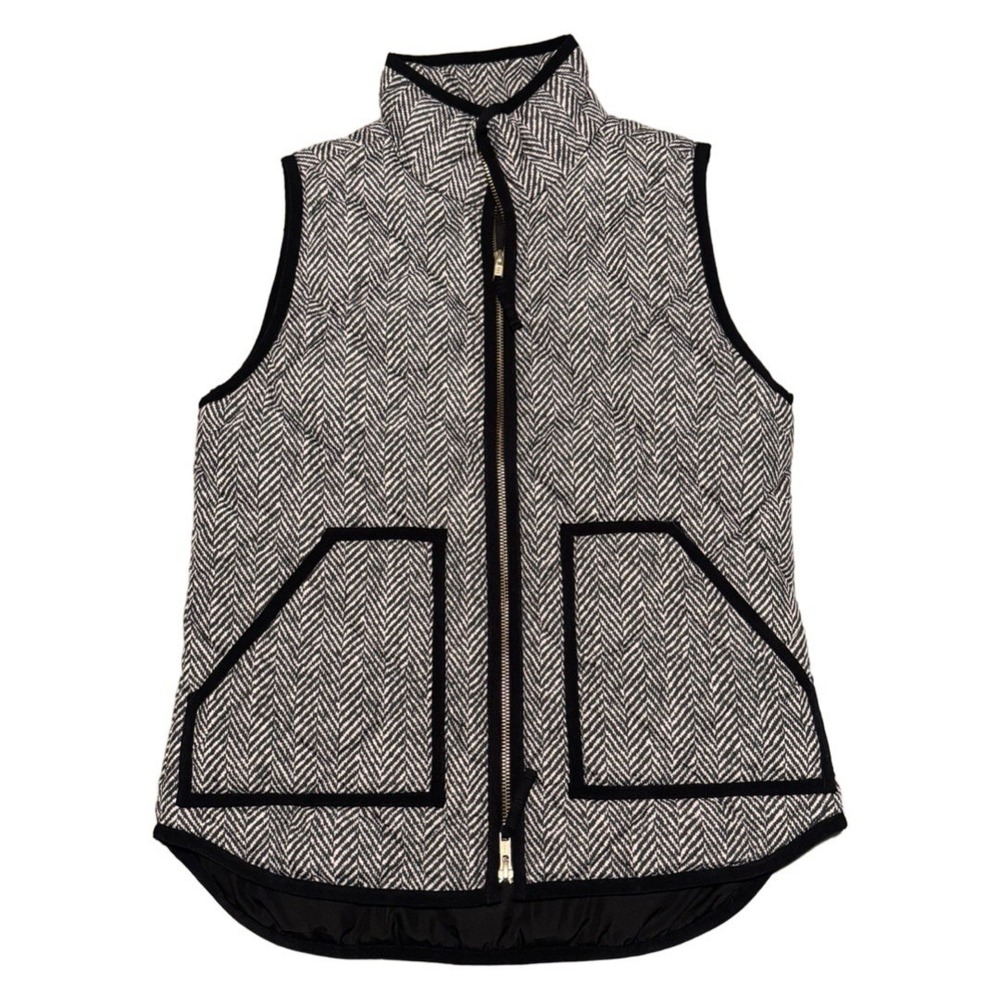 J.Crew Quilted Black Cream Herringbone Print Zip Down Puffer‎ Vest Pockets XS